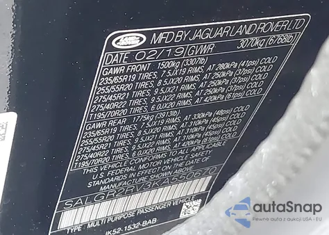 2019 Land Rover Range Rover 3.0L V6 Supercharged из США, поврежденный, VIN SALGR2RV3KA550670